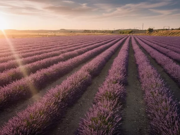 Campo de lavanda al atardecer con luz dorada y horizonte abierto.