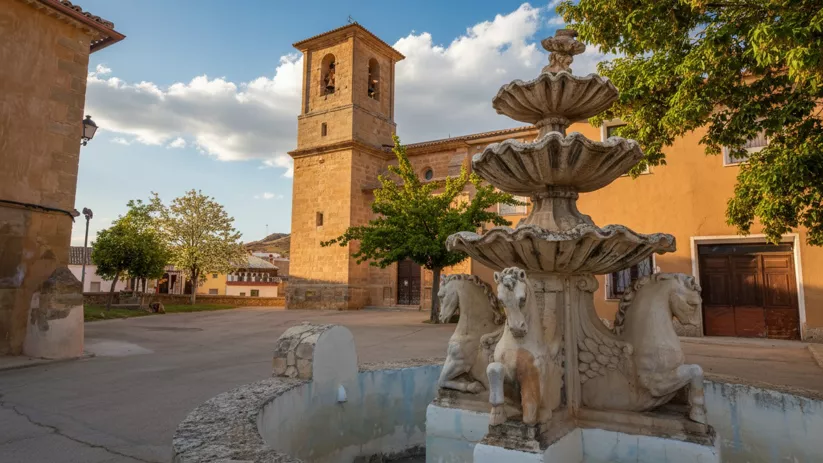 Fuente de piedra en plaza tranquila