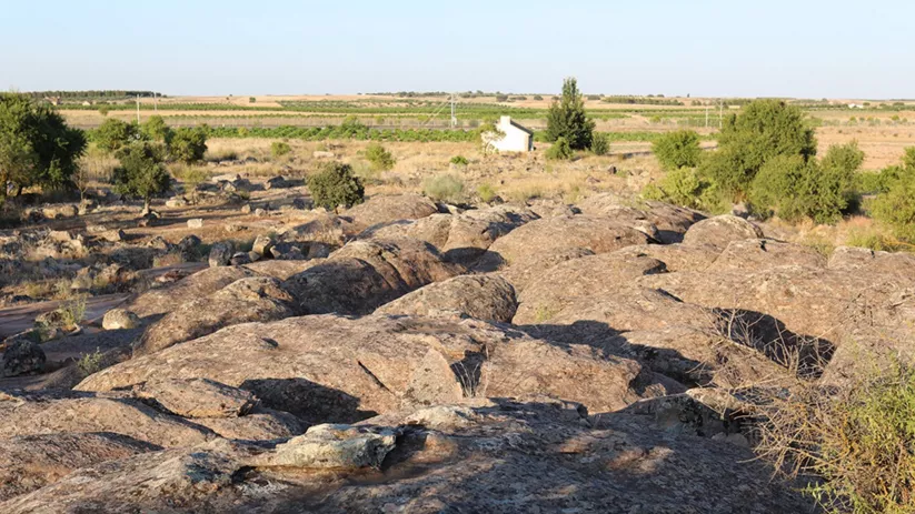 Afloramientos rocosos en paisaje agrícola llano