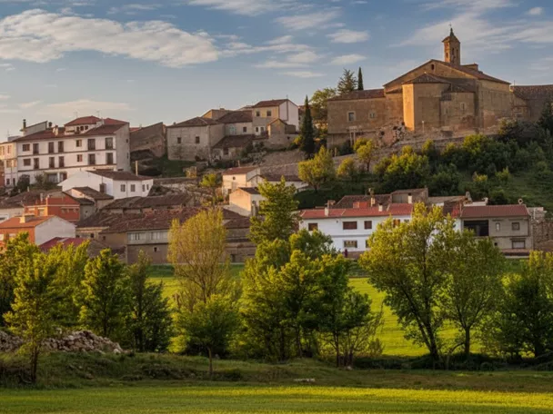 Vista panorámica del pueblo entre campos y colinas.