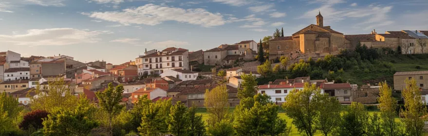 Vista panorámica del pueblo entre campos y colinas.