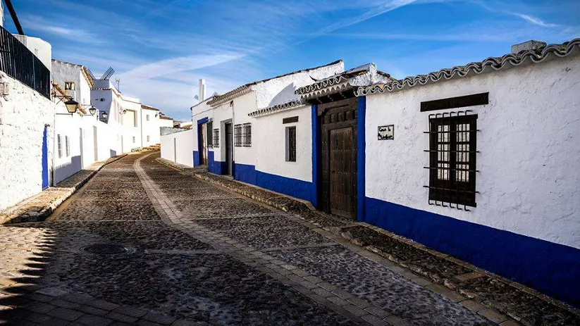 Calle empedrada con casas encaladas y puertas de madera