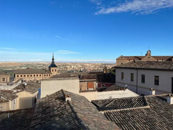 Vista de tejados y campanarios bajo cielo azul