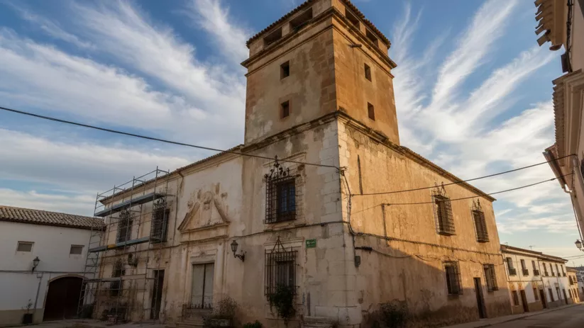 Edificio histórico en esquina con torre cuadrada, andamios y ventanas enrejadas al atardecer.