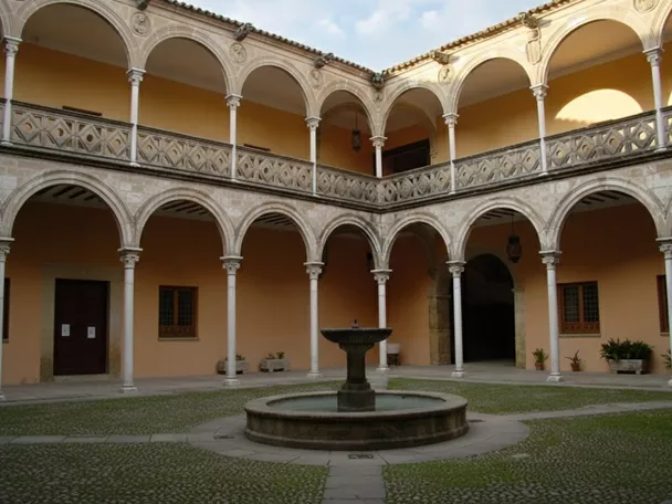 Patio renacentista con arcos de dos plantas y fuente central