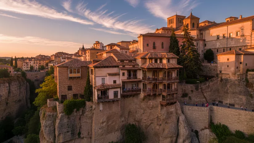Conjunto de casas colgadas sobre un desfiladero al atardecer