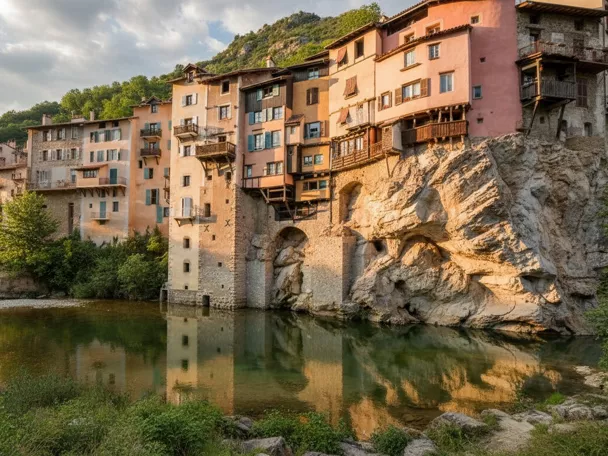 Casas colgadas sobre el río al atardecer
