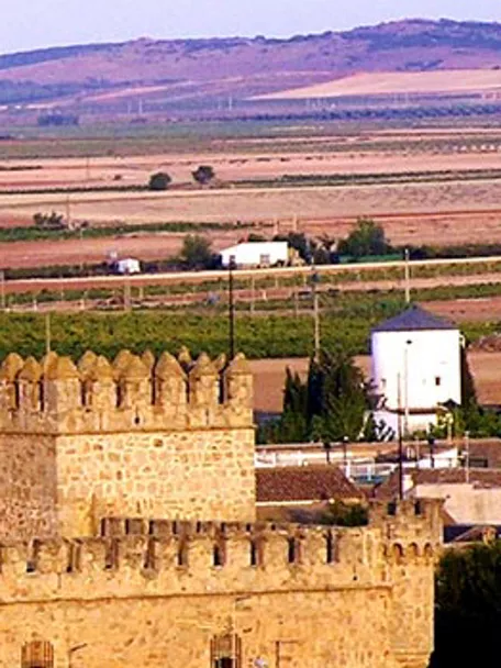 Castillo y gran iglesia de piedra sobre el casco urbano