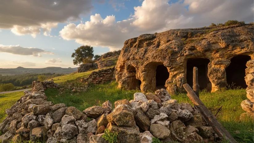 Cuevas excavadas en roca junto a pradera verde.