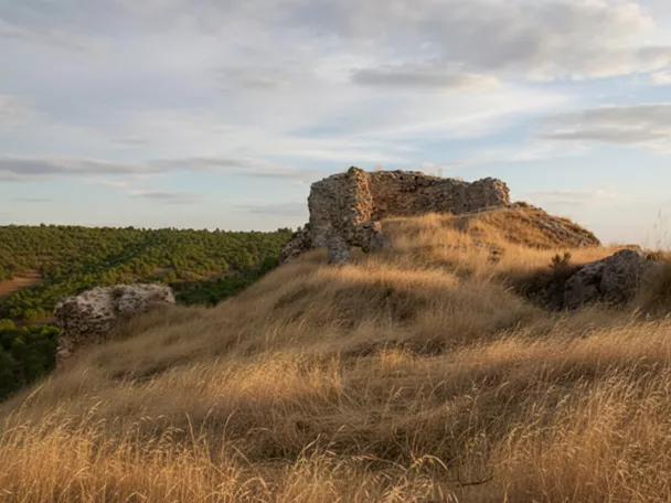 Ruinas de piedra en colina cubierta de hierba seca.
