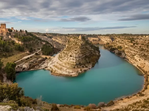 Castillo sobre colina rodeado por río