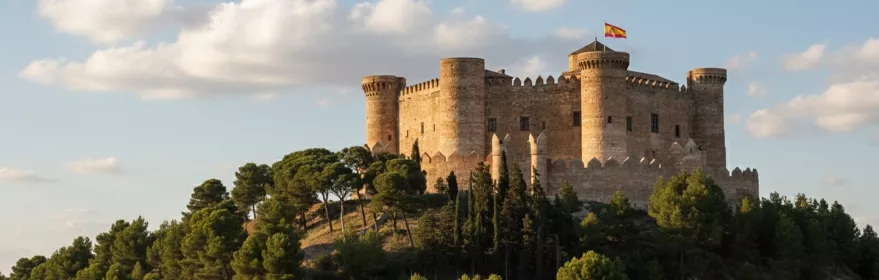 Castillo medieval sobre colina arbolada