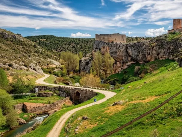 Camino rural y puente de piedra bajo un castillo en lo alto del acantilado.