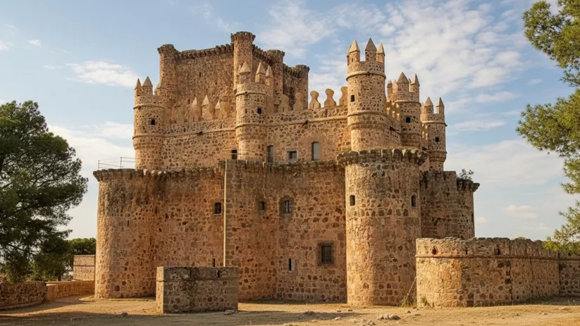 Castillo medieval de piedra con torres almenadas rodeado de árboles.