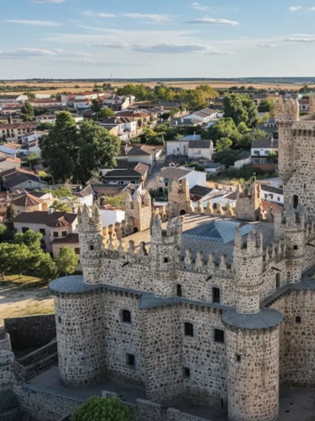 Vista aérea de castillo amurallado junto a un núcleo urbano.