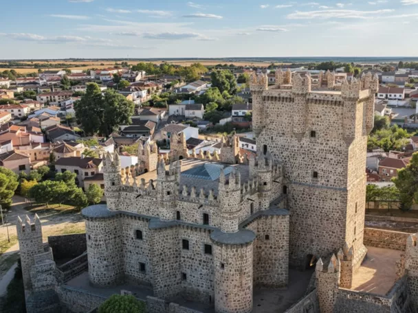 Vista aérea de castillo amurallado junto a un núcleo urbano.
