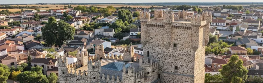 Vista aérea de castillo amurallado junto a un núcleo urbano.