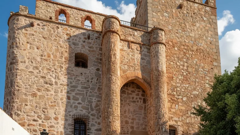 Fachada de torre de piedra con almenas y entrada en arco flanqueada por columnas cilíndricas.