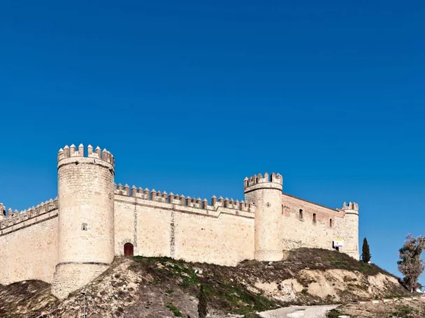 Castillo de piedra con torres circulares y almenas sobre una colina bajo cielo azul.