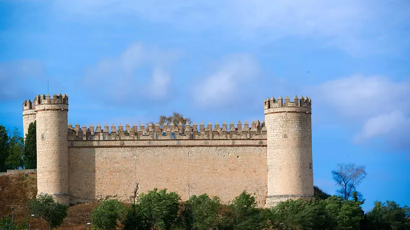 Muralla almenada con dos torres redondas sobre ladera con árboles.