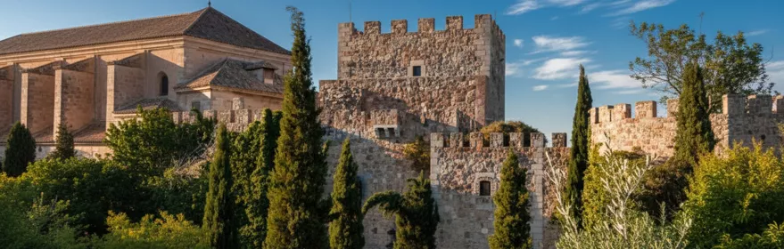 Vista lateral de fortificación medieval entre cipreses y jardines.
