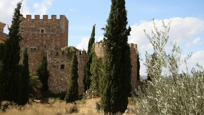 Fortaleza de piedra rodeada de árboles y vegetación silvestre.