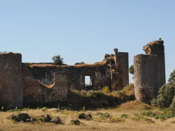 Vista lateral de fortaleza en ruinas sobre terreno seco con torres cilíndricas y cielo despejado.