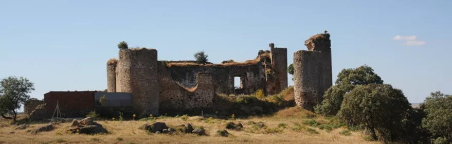 Vista lateral de fortaleza en ruinas sobre terreno seco con torres cilíndricas y cielo despejado.