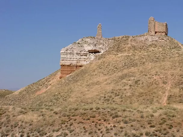 Restos de muralla y torres en la cima de una loma cubierta de matorral.