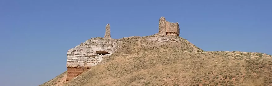 Restos de muralla y torres en la cima de una loma cubierta de matorral.