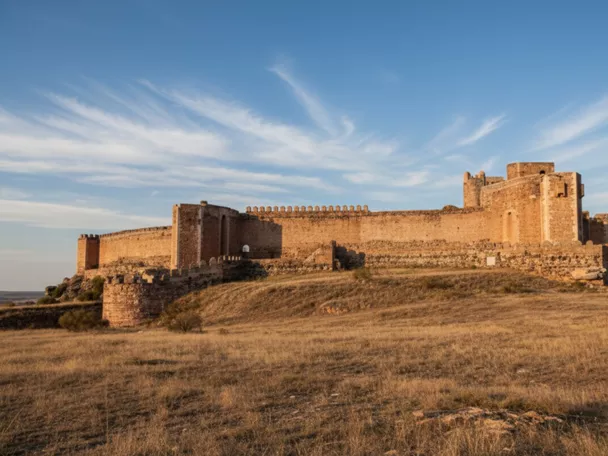 Vista panorámica de fortaleza amurallada sobre colina.