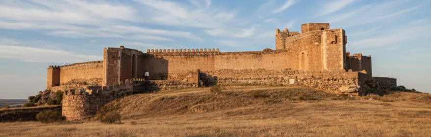 Vista panorámica de fortaleza amurallada sobre colina.