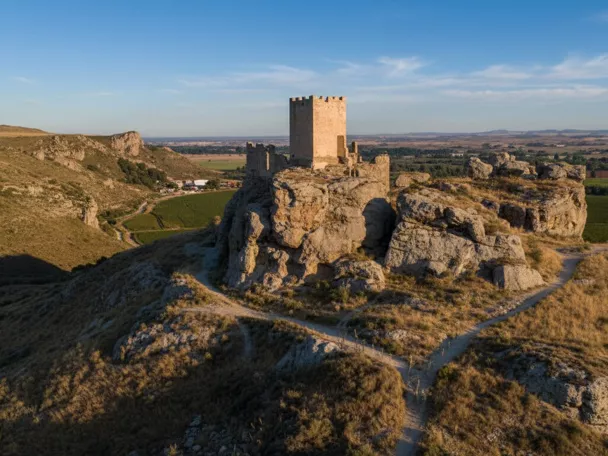 Vista aérea de torre defensiva sobre paisaje agrícola.