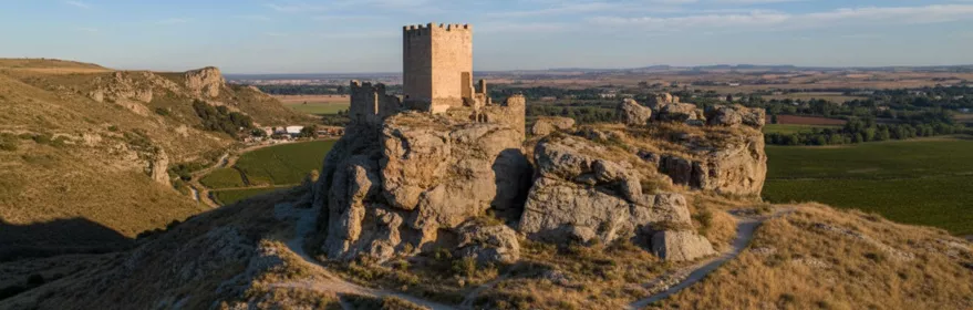Vista aérea de torre defensiva sobre paisaje agrícola.