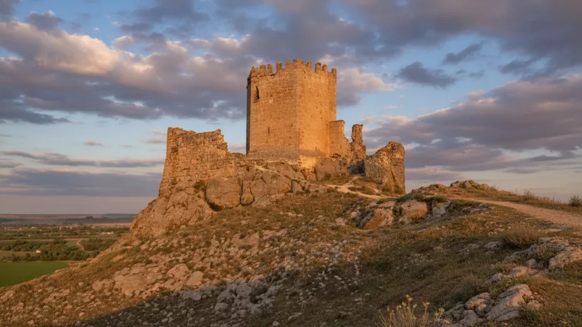 Fortaleza en ruinas iluminada por luz dorada y cielo nuboso.