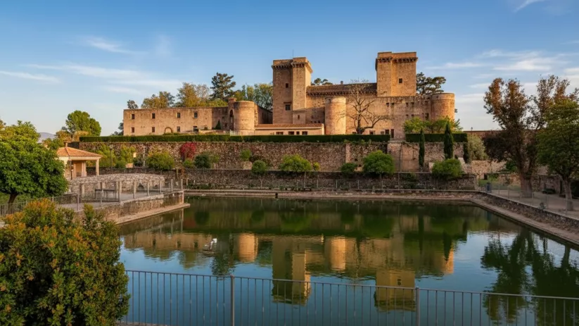Vista aérea de complejo fortificado sobre colina con murallas y arbolado.
