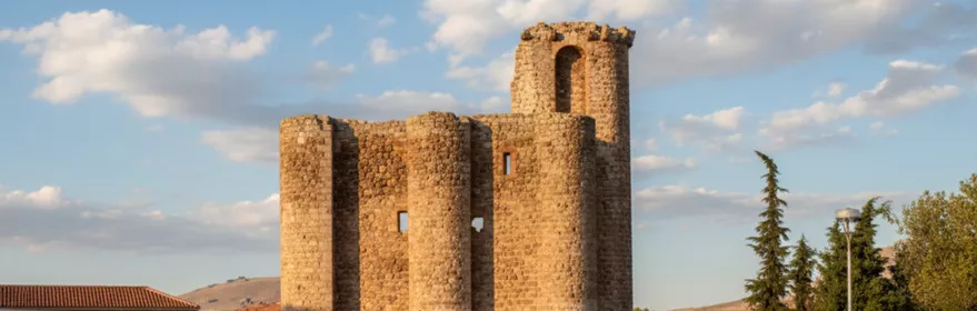 Estructura fortificada tras un muro bajo cielo despejado.