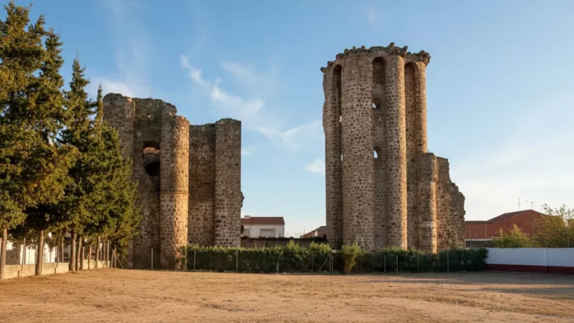 Restos de fortaleza junto a zona ajardinada y viviendas.