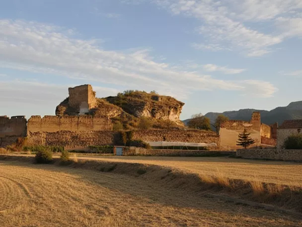 Ruinas de castillo sobre una roca, con campo dorado en primer plano.
