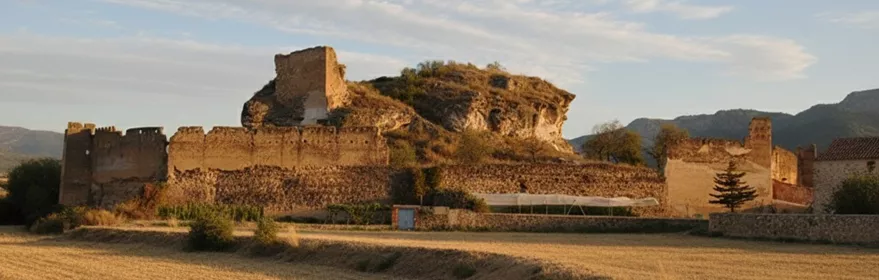 Ruinas de castillo sobre una roca, con campo dorado en primer plano.