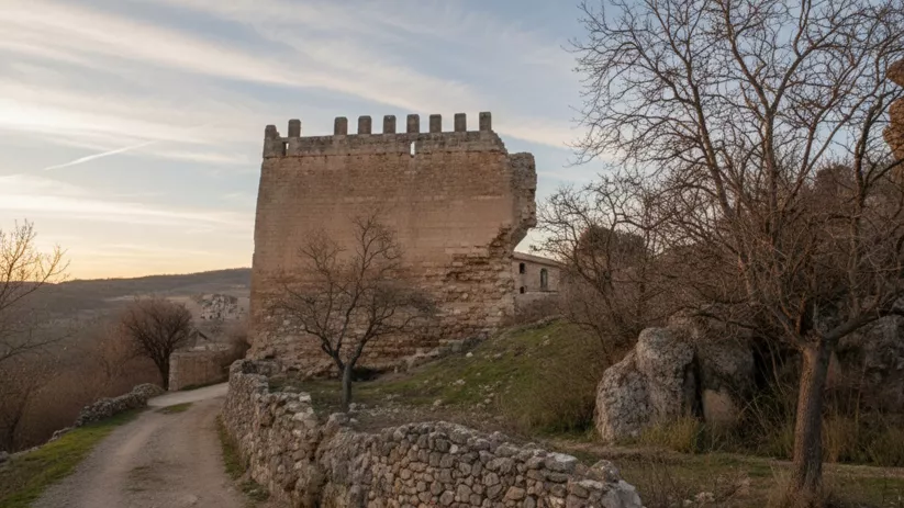 Camino de tierra junto a muralla almenada, con árboles sin hojas al atardecer.
