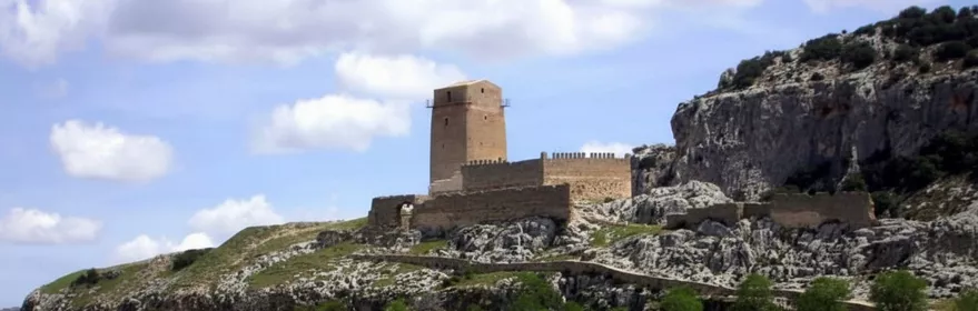 Fortaleza medieval en colina rodeada de rocas y árboles.