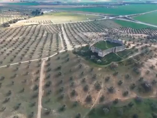Vista aérea de una fortaleza rodeada de olivares y caminos rurales.