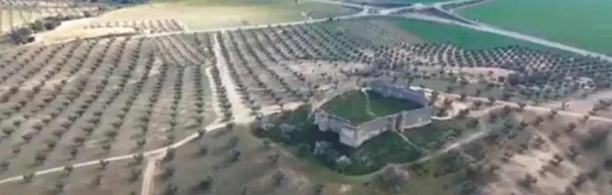 Vista aérea de una fortaleza rodeada de olivares y caminos rurales.
