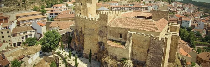 Vista aérea de castillo medieval sobre peñasco junto a un pueblo.