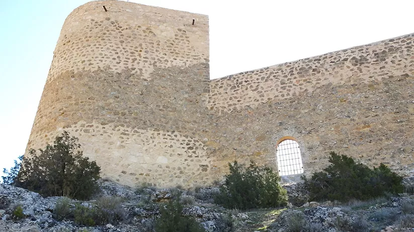 Muralla y torre circular vistas desde la ladera.