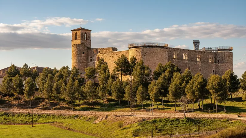 Fortaleza amurallada rodeada de pinos y campos