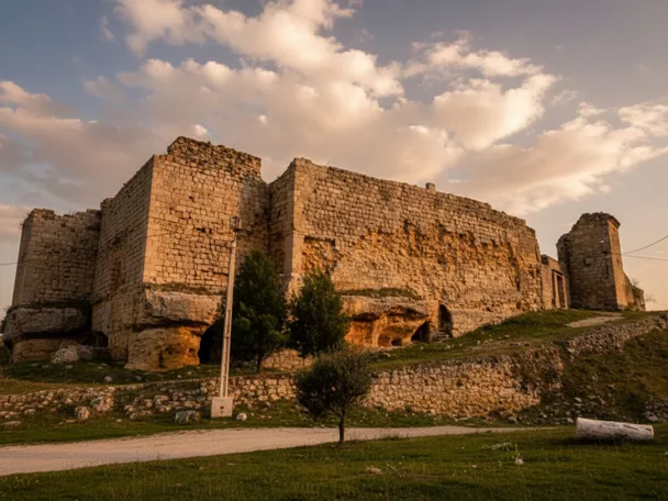 Ruinas de muralla sobre colina cubierta de hierba seca.