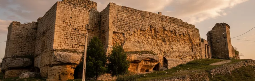 Ruinas de muralla sobre colina cubierta de hierba seca.