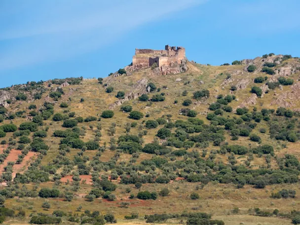 Fortaleza en ruinas sobre colina cubierta de matorral